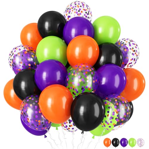 Luftballons Orange Lila Schwarz Grün, 60 Stück 12 Zoll Halloween Party Deko Ballons, Dunkel Lila Schwarz Orange Grün Konfetti Latexballons Set für Kinder Gruselig Halloween Nacht Party Dekoration von Lingqiang