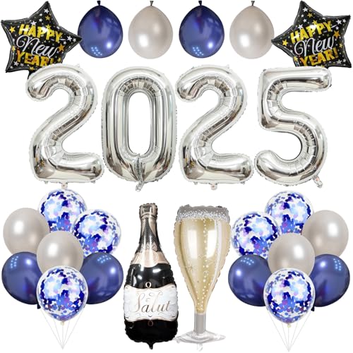 Navy Blau Silber Silvester Deko 2025, Happy New Year Deko 2025 Zahl Folienballons Marineblau Silber Konfetti Ballons Set mit Champagner Glas Stern Luftballons für Mann Junge Neujahr Party Dekoration von Lingqiang