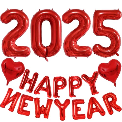 Rot Silvester 2025 Party Deko, 32" Zahl 2025 Luftballons Happy New Year Folienballons mit Herz Ballons, Rot Silvesterparty Luftballons 2025 Deko Set für Frau Mann Neujahr Abschluss Party Dekoration von Lingqiang