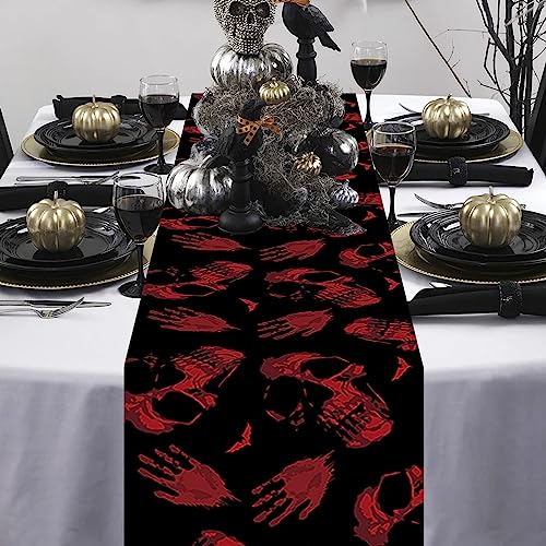 Schwarz Halloween Tischläufer, 71 Zoll Rot Blutige Handabdruck Geist Skelett Halloween Party Tischdeko, Halloween Tischdecke Für Zuhause Halloween Party Deko Abendessen Tisch Läufer Dekoration von Lingqiang