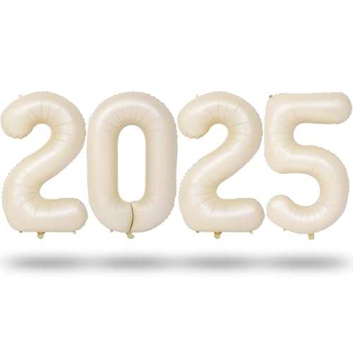 Silvester 2025 Party Ballon Set, Beige Silvester Deko Zahl 2025 Folienballons, 40 Zoll Große Creme Weiß Zahlen 2025 Abschluss Luftballons für Frau Mann Mädchen Neujahr Happy New Year Party Dekoration von Lingqiang