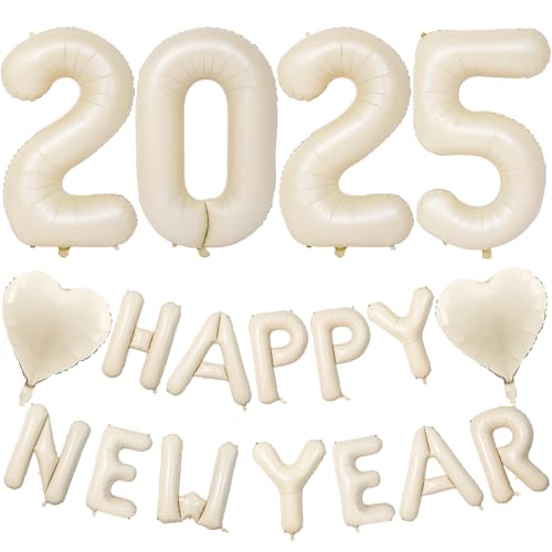 Silvester Deko 2025 Party Set, Beige Zahl 2025 Folienballons Happy New Year Helium Ballon mit Creme Weiß Herz Luftballons, Sandweiß Silvester 2025 Party Luftballons Set für Neujahr Party Dekoration von Lingqiang