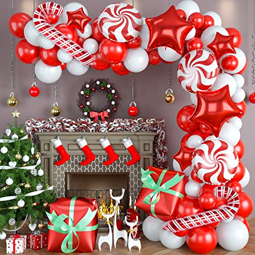 Weihnachten Deko Ballon Girlande, 117 Stück Rot Weiß Weihnachts Luftballon Girlande Set mit Süssigkeit Zuckerstangen Rot Stern Geschenkbox Folienballons für Innen Aussen Weihnachts Party Dekoration von Lingqiang