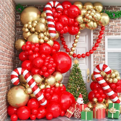 Weihnachten Deko Luftballon Girlande Rot Gold, 109 Stück Rot Metallic Gold Weihnachts Ballon Girlande Set mit Zuckerstangen Folienballons für Innen Outdoor Weihnachtsdeko Christmas Xmas Party Deko von Lingqiang