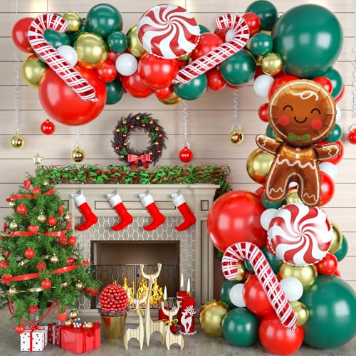 Weihnachten Luftballon Girlande mit Lebkuchenmann Folienballons, 111 Stück Rot Grün Metallic Gold Weihnachts Ballon Girlande mit Rot Weiß Süssigkeit Zuckerstangen Ballons für Draußen Xmas Party Deko von Lingqiang