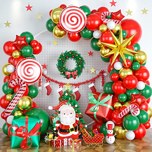 Weihnachts Ballon Girlande, 106 Stück Weihnachten Deko Luftballons Girlande mit Rot Grün Geschenkbox Süssigkeit Zuckerstangen Gold Explosion Stern Weihnachtsmann Folienballons für Innen Weihnachtsdeko von Lingqiang