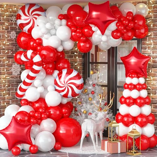 Weihnachts Ballon Girlande, 97 Stück Weihnachten Deko Luftballons Girlande mit Rot Weiß Weihnachtsballons Süssigkeiten Zuckerstangen Stern Folienballons für Weihnachtsdeko Christmas Neujahr Dekoration von Lingqiang