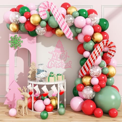 Weihnachts Deko Ballon Girlande, Weihnachten Luftballon Girlande Rosa Rot Grün Salbeigrün Gold Schneeflocke Weihnachtsballons mit Rosa Rot Zuckerstangen Folienballons für Mädchen Weihnachtsdeko Party von Lingqiang