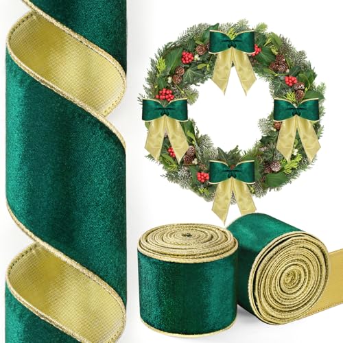 2 Rollen/20 Yards Weihnachts-Samtband, Grün und Gold, wendbar, Drahtband für Geschenkverpackungen, Weihnachtsdekorationen, Schleifenkranz, Basteln, 6,3 cm von Lingringdcy