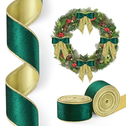 2 Rollen/20 Yards Weihnachts-Samtband, Grün und Gold, wendbar, verdrahtet, für Geschenkverpackungen, Weihnachtsdekorationen, Schleifenkranz, Basteln, 3,8 cm von Lingringdcy