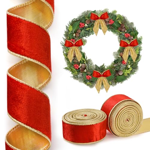 2 Rollen/20 Yards Weihnachts-Samtband, rot und gold, wendbar, verdrahtet, für Geschenkverpackungen, Weihnachtsdekorationen, Schleife, Kranz, Basteln, 3,8 cm von Lingringdcy