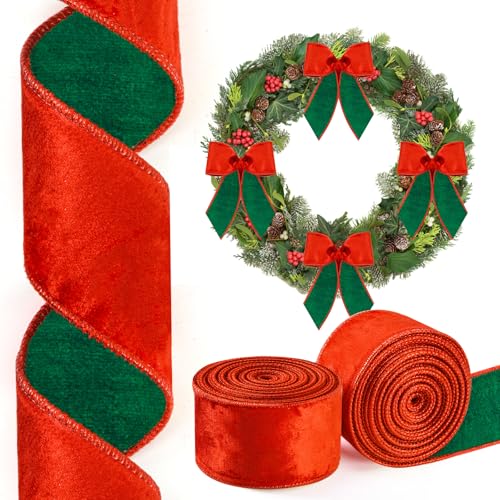 2 Rollen/20 Yards Weihnachts-Samtband, rot und grün, wendbar, verdrahtet, für Geschenkverpackungen, Weihnachtsdekorationen, Schleife, Kranz, Basteln, Basteln von Lingringdcy