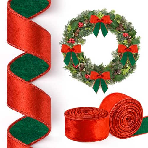 2 Rollen/20 Yards Weihnachts-Samtband, rot und grün, wendbar, verdrahtet, für Geschenkverpackungen, Weihnachtsdekorationen, Schleifenkranz, Basteln, 3,8 cm von Lingringdcy