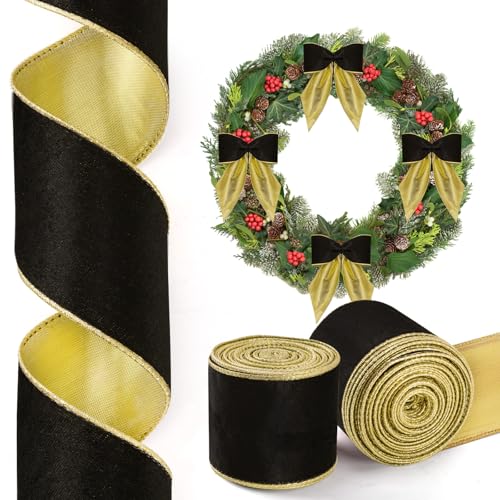 2 Rollen/20 Yards Weihnachts-Samtband, schwarz und gold, wendbar, verdrahtet, für Geschenkverpackungen, Weihnachtsdekorationen, Schleife, Kranz, Basteln, Basteln von Lingringdcy