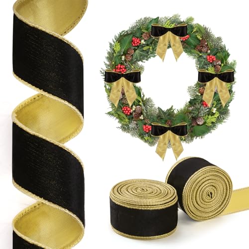 2 Rollen/20 Yards Weihnachts-Samtband, schwarz und gold, wendbar, verdrahtet, für Geschenkverpackungen, Weihnachtsdekorationen, Schleife, Kranz, Basteln, Basteln von Lingringdcy