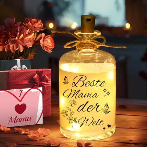 Linkax Muttertagsgeschenke für Mama Oma, Geschenke für Frauen, Geburtstagsgeschenk für Mama Oma, LED Flaschenlicht mit Spruch-Beste Mama der Welt, Lichterkette Dekolicht für Schlafzimmer Wohnzimmer von Linkax