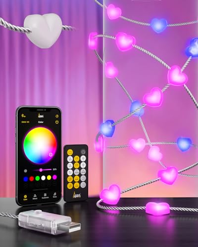 Dekorative Lichter, 7m, 100 RGB Schlau LED Herz Lichterketten, USB betriebene Lichterketten mit transparentem gedrehtem Draht, Fernbedienung und APP-Steuerung, für das Heimbüro von LinkedSparx