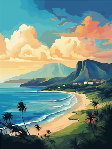 Malen Nach Zahlen Erwachsene, DIY Malen Nach Zahlen Hawaii Handgemalt Ölgemälde Kit für Anfänger und Erwachsene, Strand Malerei Bastelset, Zimmer Deko Wohnzimmer Mit Acrylfarben und Pinseln 30x40cm von Linncen