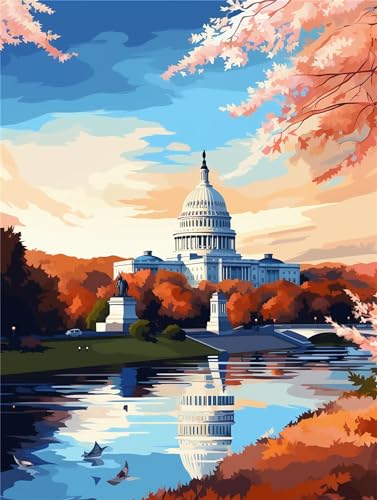 Malen Nach Zahlen Erwachsene, DIY Malen Nach Zahlen Washington Handgemalt Ölgemälde Kit für Anfänger und Erwachsene, Landschaft Malerei Bastelset, Dekor Wohnzimmer Mit Acrylfarben und Pinseln 30x40cm von Linncen