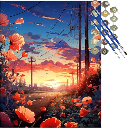 Malen Nach Zahlen Erwachsene Blume Malen Nach Zahlen ab 10 Jahre Mädchen, DIY Sonnenuntergang Paint by Numbers Kinder Set mit Pinseln Acrylfarben, Bastelset Erwachsene Geschenk Mädchen 70x90 cm k-288 von Lioauanh