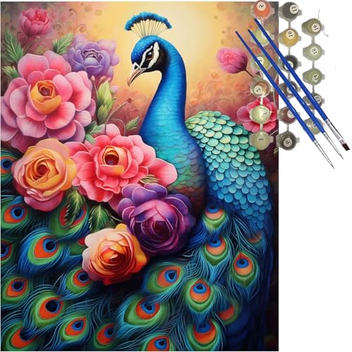 Malen Nach Zahlen Erwachsene Blume Malen Nach Zahlen ab 10 Jahre Mädchen,DIY Pfau Paint by Numbers Kinder Set mit Pinseln und Acrylfarben,Bastelset Erwachsene Gemälde,Geschenk Mädchen 70x90 cm k-281 von Lioauanh