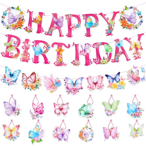 Liobelon Schmetterling Happy Birthday Banner Rosa Schmetterling Geburtstag Dekorationen Schmetterling Thema Geburtstag Supplies Blumen Banner mit Frühling Hängender Schmetterling Ornament Set von Liobelon