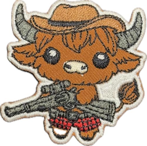 Liomon Highland Cow Whit Gun Iron on Patch Embroidered Iron on Patches for Clothing, Hats, Bags, Backpacks Funny Iron on Applique Badge, Appique Patch, Iron on Patch von Liomon