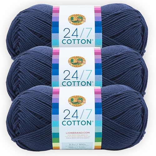 Lion Brand 24/7 Baumwollgarn, Garn zum Stricken, Häkeln und Basteln, Navy 3er Pack von Lion Brand Yarn