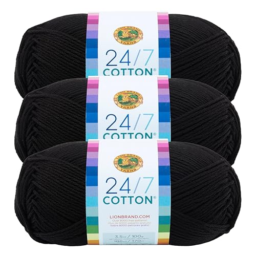 Lion Brand 24/7 Baumwollgarn, Garn zum Stricken, Häkeln und Basteln, Schwarz, 3er Pack von Lion Brand Yarn