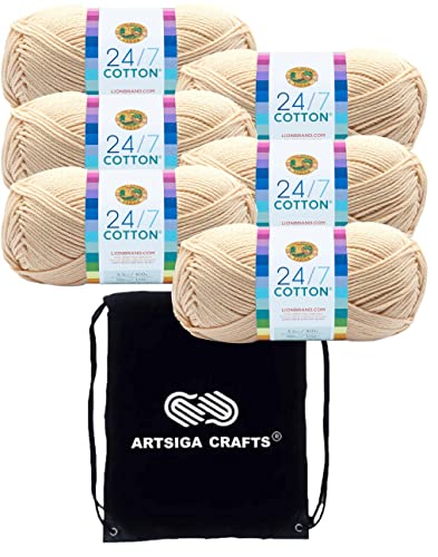 Lion Brand 24/7 Cotton Ecru 761-98 (6 Knäuel – gleiche Farbmenge) Kammgarn zum Häkeln und Stricken, Baumwollgarn zum Häkeln und Stricken, Bündel mit 1 Artsiga Craft-Projekttasche von Lion Brand Yarn