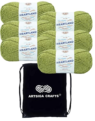 Lion Brand Heartland Garn Haleakala 136–175 (6 Knäuel) gleiche Färbung, Lot Kammgarn, Größe 4, weiches Strickgarn, Häkeln, 100 % Acryl, Bündel mit 1 Artsiga Basteltasche von Lion Brand Yarn