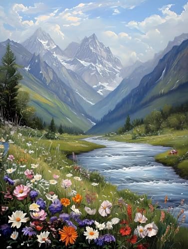 Malen Nach Zahlen Erwachsene Berge, Flüsse, Blumen und Büsche Malen Nach Zahlen Rahmenlos DIY Ölgemälde Leinwand Set Mit 3 Pinsel und Acrylpigment, Anfänger Paint by Numbers, für Deko 50x70cm L-684 von Lionhai