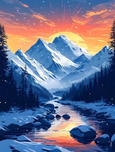 Malen Nach Zahlen Erwachsene Sonnenuntergang Schneeberg Malen Nach Zahlen Rahmenlos DIY Ölgemälde Leinwand Set Mit 3 Pinsel und Acrylpigment, Anfänger Paint by Numbers, für Deko, Gesch 90x120cm L-794 von Lionhai