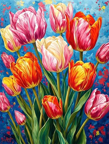 Malen Nach Zahlen Erwachsene Tulpen Malen Nach Zahlen Rahmenlos DIY Ölgemälde Leinwand Set Mit 3 Pinsel und Acrylpigment, Anfänger Paint by Numbers, für Home Deko, Weihnachten Gesch 25x35cm L-939 von Lionhai