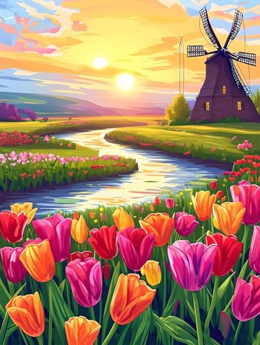 Malen Nach Zahlen Erwachsene Tulpenwindmühle, Malen Nach Zahlen Kinder ab 7 8 9 10 Jahre Mädchen Paint by Numbers, Anfänger Malen Nach Zahlen, Perfekt für Home Wand Dekor und Geschenke 30x40cm L-932 von Lionhai