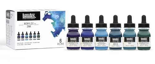 Liquitex 3699375 flüssige Professional Acrylfarben - Ink, Tusche im Set, hochpigmentierte Airbrushfarbe,Wassertöne 6 Farben a 30ml von Liquitex