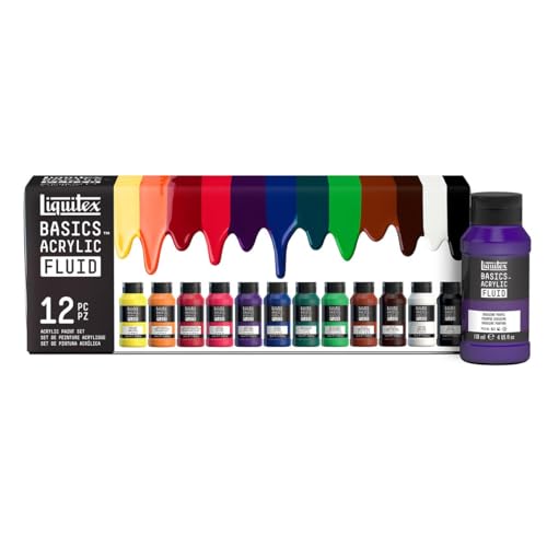 Liquitex 3699431 Basics Fluid Acrylfarbe Set mit fließender Konsiszenz, schnell trocknend, lichtecht, wasserfest, auf Wasserbasis - 12 Farbenset a 118ml Flaschen von Liquitex