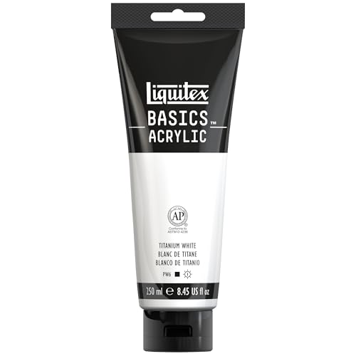 Liquitex 4385432 Basics - Acrylfarbe, monopigmentierte Künstlerpigmente, lichtecht, mittlere Viskosität, Achivqualität, seidenglänzender Finish, 250ml Tube, Titanweiß von Liquitex