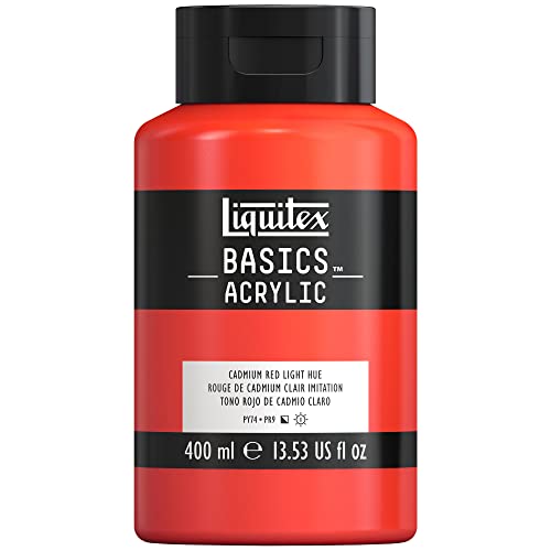 Liquitex 8870318 Basics - Acrylfarbe, monopigmentierte Künstlerpigmente, lichtecht, mittlere Viskosität, Archivqualität, seidenglänzender Finish, 400ml Flasche - Kadmiummiumrot hell Farbton von Liquitex