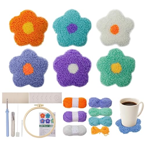 Liqzirtu Punch Kit, Garn Punch Needle Kits Erwachsene, 6 Landschaft Teppich Tufting Untersetzer, Teppich-Tufting-Untersetzer, Stanznadel-Set mit selbstklebenden Filzgarnen, Stickrahmen-Anleitung für von Liqzirtu