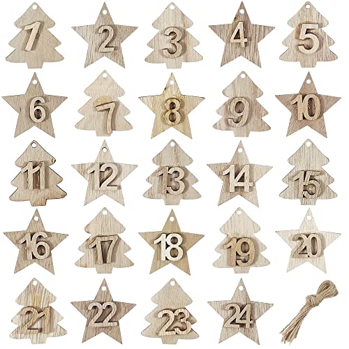 24 Holzzahlen Anhänger,Adventskalender Zahlen Holz,1-24 Weihnachtsdeko,mit 24 Juteschnur,für Weihnachten Adventskalender,Weihnachtsbaum Deko von Lircentoud