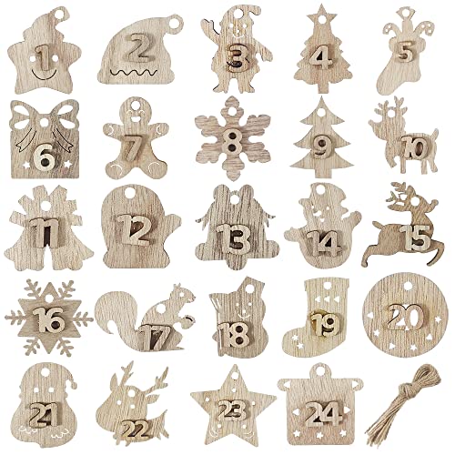 24 Holzzahlen Anhänger,Adventskalender Zahlen Holz,1-24 Weihnachtsdeko,mit 24 Juteschnur,für Weihnachten Adventskalender,Weihnachtsbaum Deko von Lircentoud