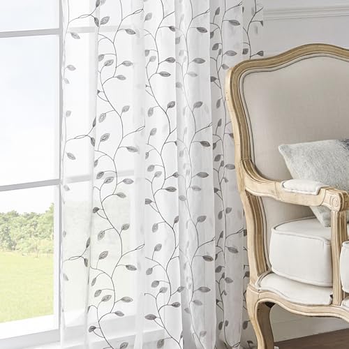 Lirzxin Bistrogardine, Scheibengardinen Modern Transparent Küchengardine Gestickt Zweige Blätter Polyester Kurzstore Kurzvorhang Küchen Vorhang Kurzgardine, 132x114.5CM, Grau, 2er Set von Lirzxin