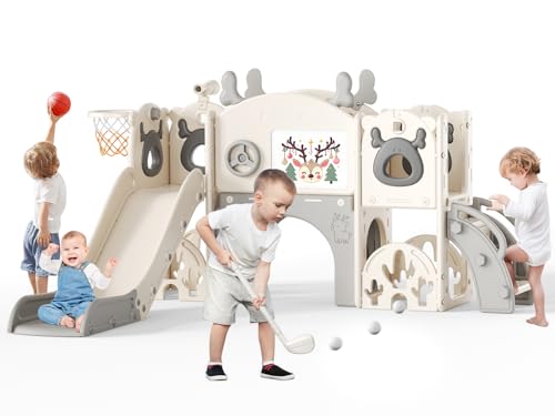 Lischwert Kinderrutsche, 7-in-1-Rutsche für Kleinkinder, Indoor- und Outdoor-Rutschenset für Kleinkinder, kommt mit Golfset, Zeichenbrett, Rutsche und Basketballständer, Teleskop (WPX-10-Beige) von Lischwert