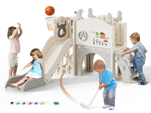 Lischwert Kinderrutsche 6-in-1-Kleinkindrutsche freistehend, Kleinkindrutschenset für drinnen und draußen mit Golfset, Zeichenbrett, Rutsche und Basketballkorb, Teleskop (WPX-11-Beige) von Lischwert