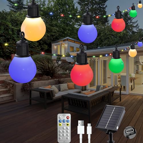 Litark Solar Lichterkette Aussen mit 20 Glühbirnen- 10m 100 led Außen Gärten Solar mit Fernbedienung, Wetterfest,USB-aufladung, Solarlichterkette für Outdoor Balkon Deko (Bunt) von Litark