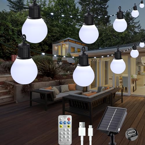 Litark Solar Lichterkette Aussen mit 20 Glühbirnen- 10m 100 led Außen Gärten Solar mit Fernbedienung, Wetterfest, USB-aufladung,Solarlichterkette für Outdoor,Balkon Deko (Weiß) von Litark