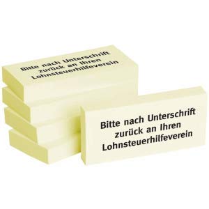 Litfax Haftnotizen 75x35mm gelb 'Bitte nach Unterschrift zurück an Ihren Lohnsteuerhilfeverein' VE = 5 Blöcke von Litfax