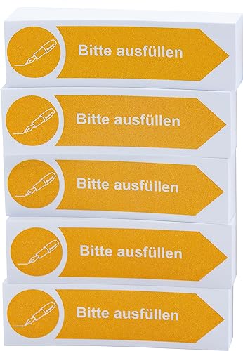 Litfax Haftnotizen Klebezettel "Bitte ausfüllen", 5 Stück je 100 Blatt Sticky Notes – Haftstreifen in Gelb mit Pfeilrichtung nach rechts von Litfax