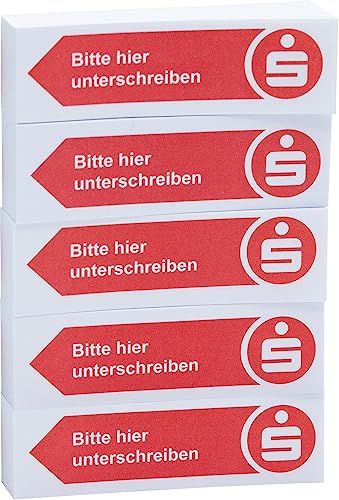 Litfax Sparkasse Haftnotizen "Bitte hier unterschreiben" Klebestreifen - 100 Blatt Sticky Notes je Block - Post It Haftstreifen (Sparkasse - Pfeil Links, 5er Blöcke) von Litfax